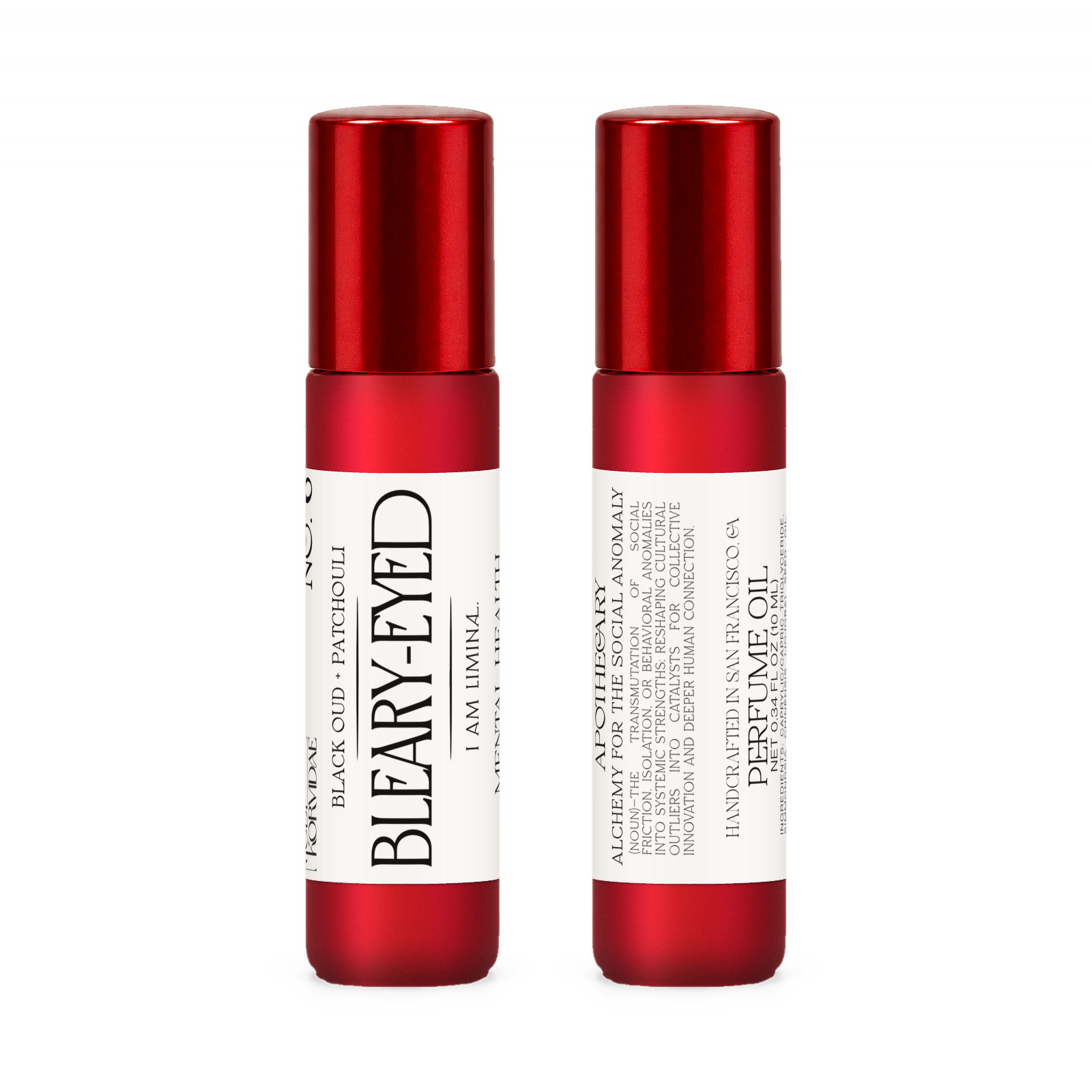 Front and back of Bleary-Eyed perfume oil roller in frosted red glass