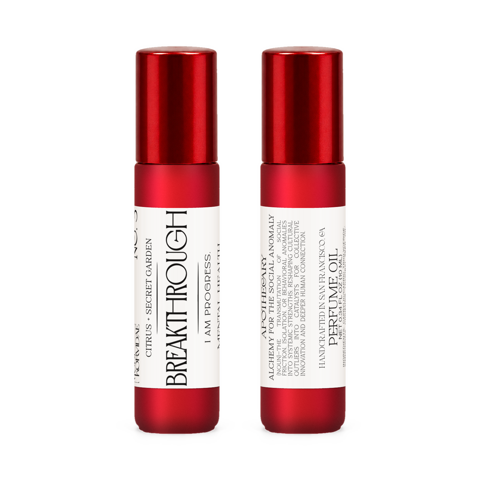 Front and back of Breakthrough perfume oil roller in frosted red glass