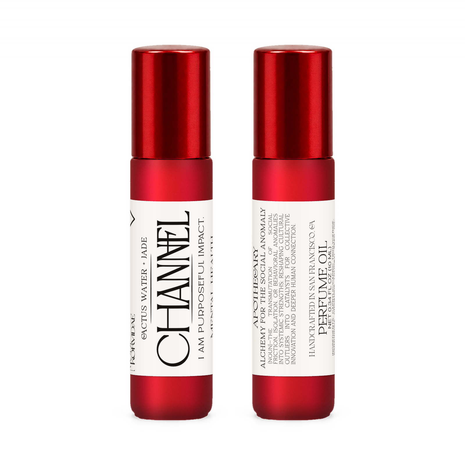 Front and back of Channel perfume oil roller in frosted red glass