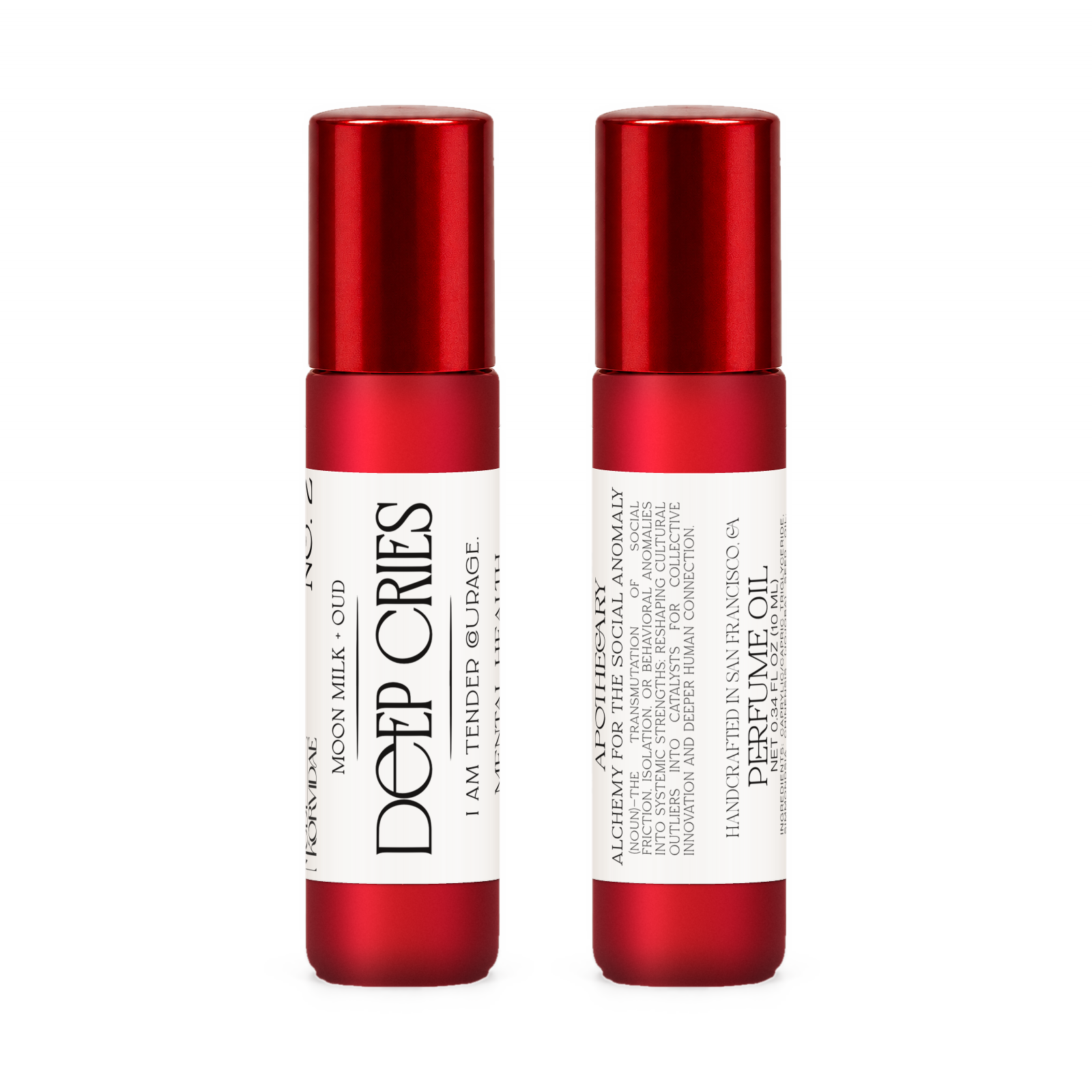 Front and back of Deep Cries perfume oil roller in frosted red glass