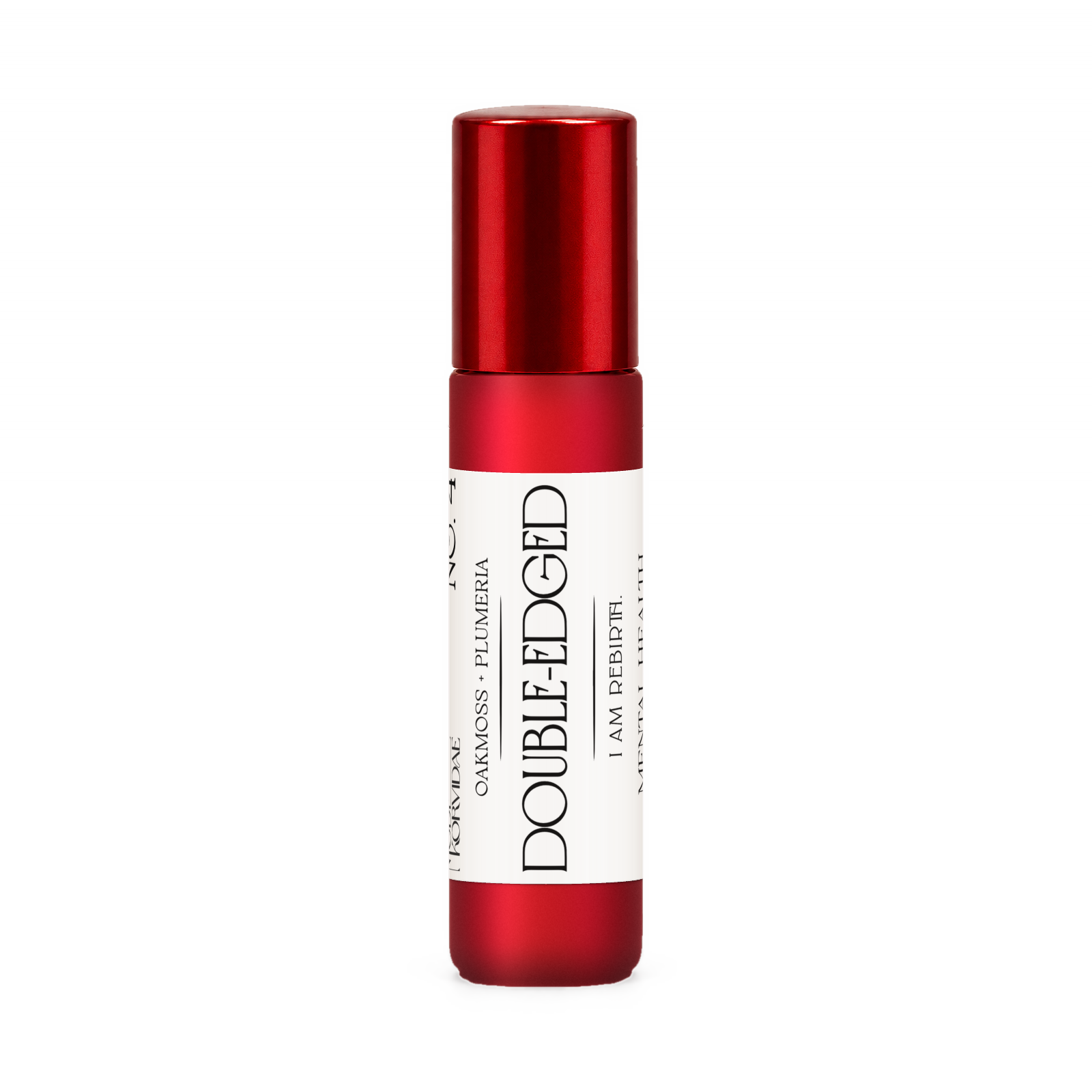 Double-Edged perfume oil roller, oakmoss and plumeria, in frosted red glass with a glossy red cap