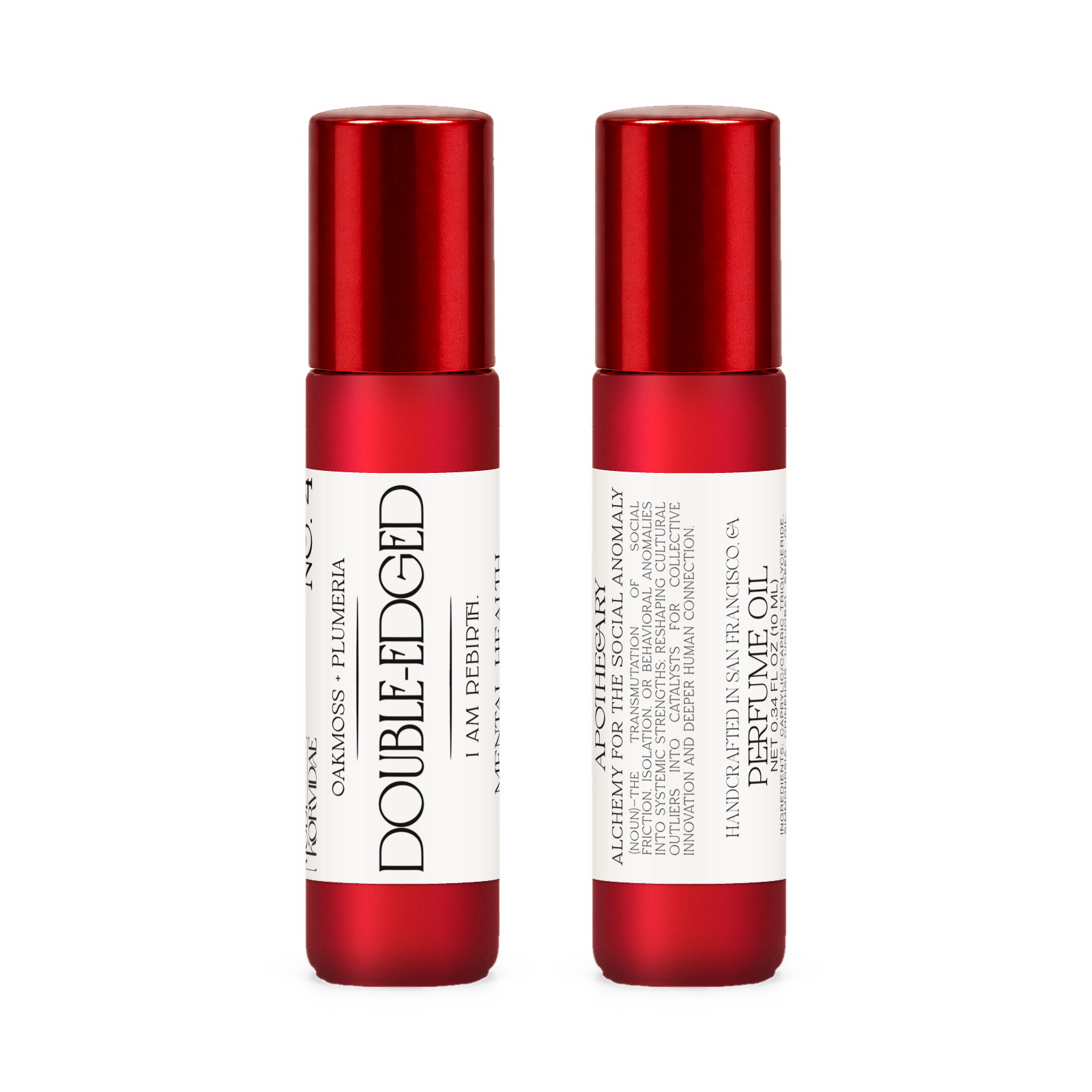 Front and back of Double-Edged perfume oil roller in frosted red glass