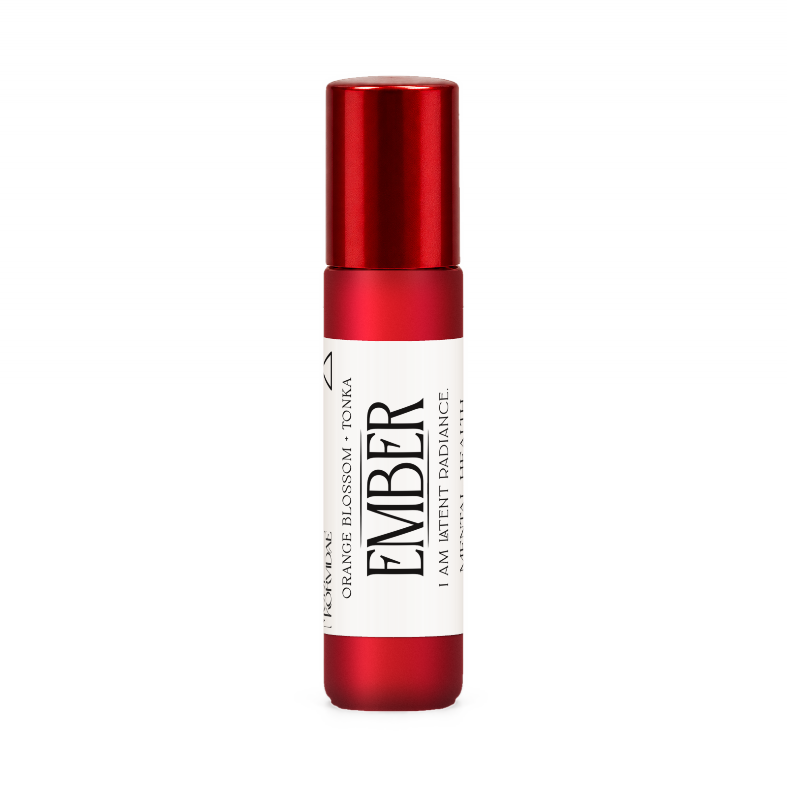 Ember perfume oil roller, orange blossom and tonka, in frosted red glass with a glossy red cap
