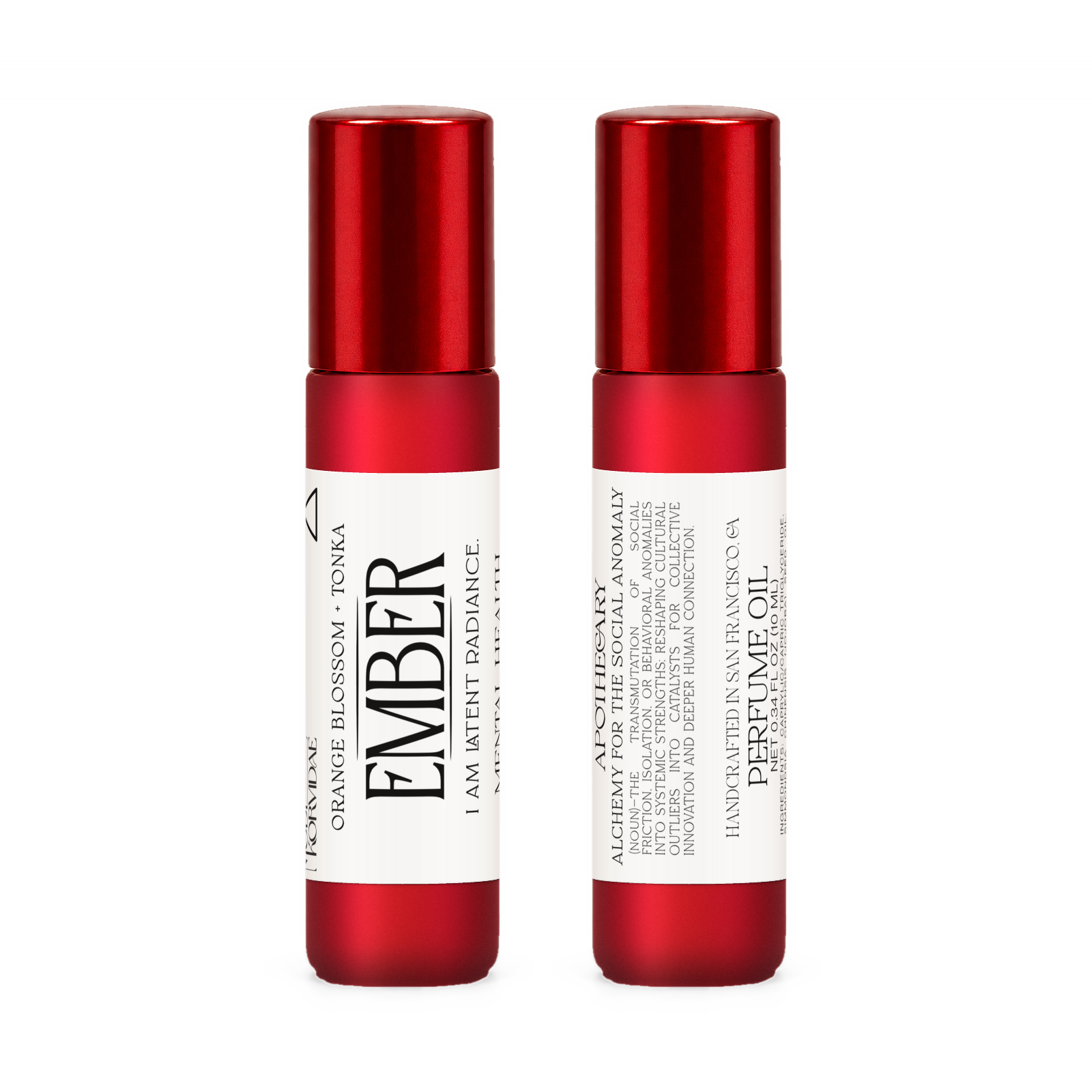 Front and back of Ember perfume oil roller in frosted red glass