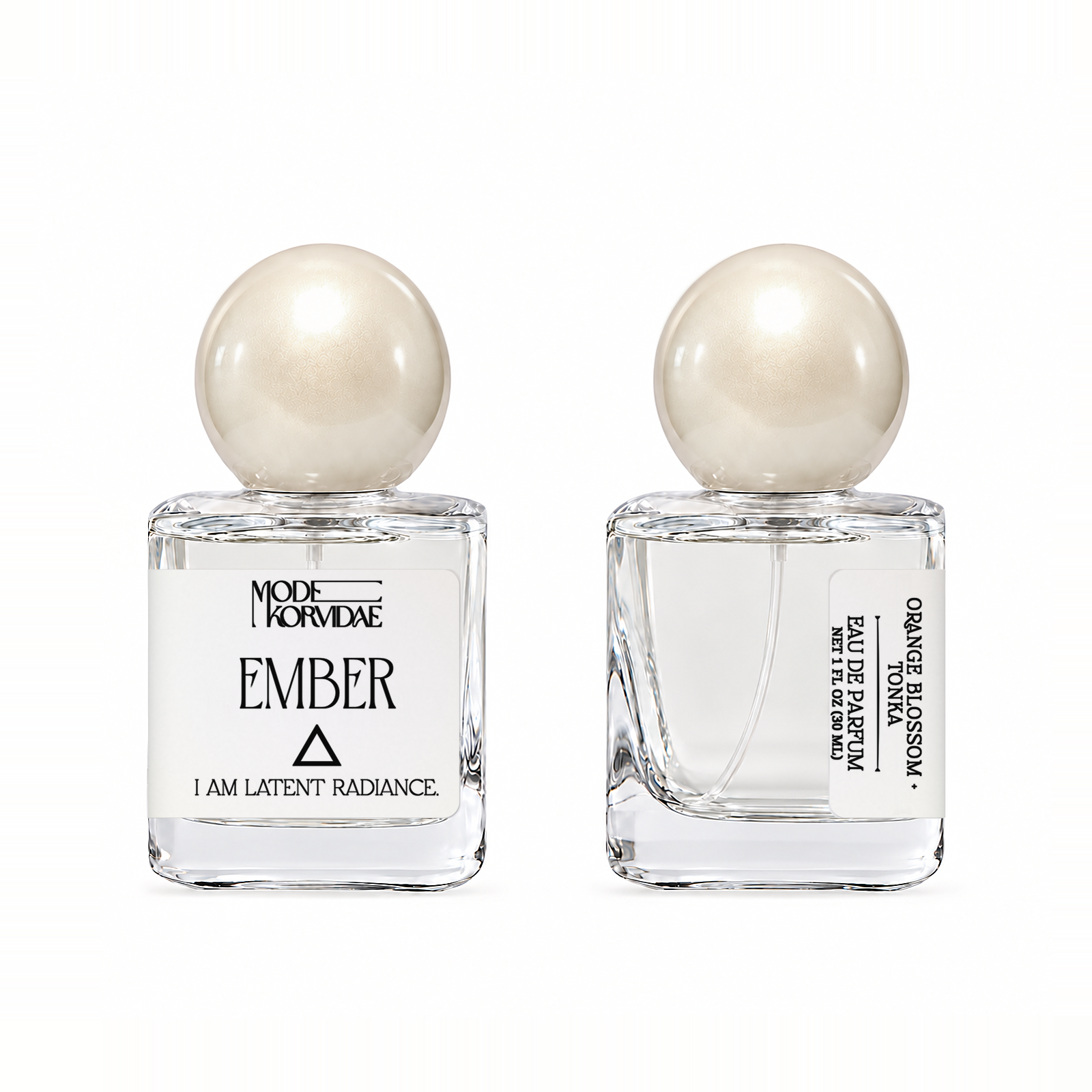 Mode Korvidae Ember — Eau de Parfum 30 ml bottle, front and side views on white.