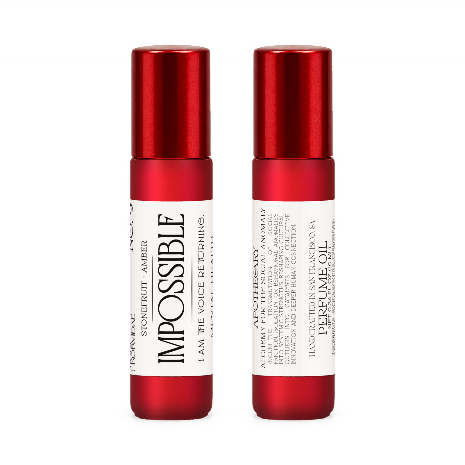 Front and back of Impossible perfume oil roller in frosted red glass