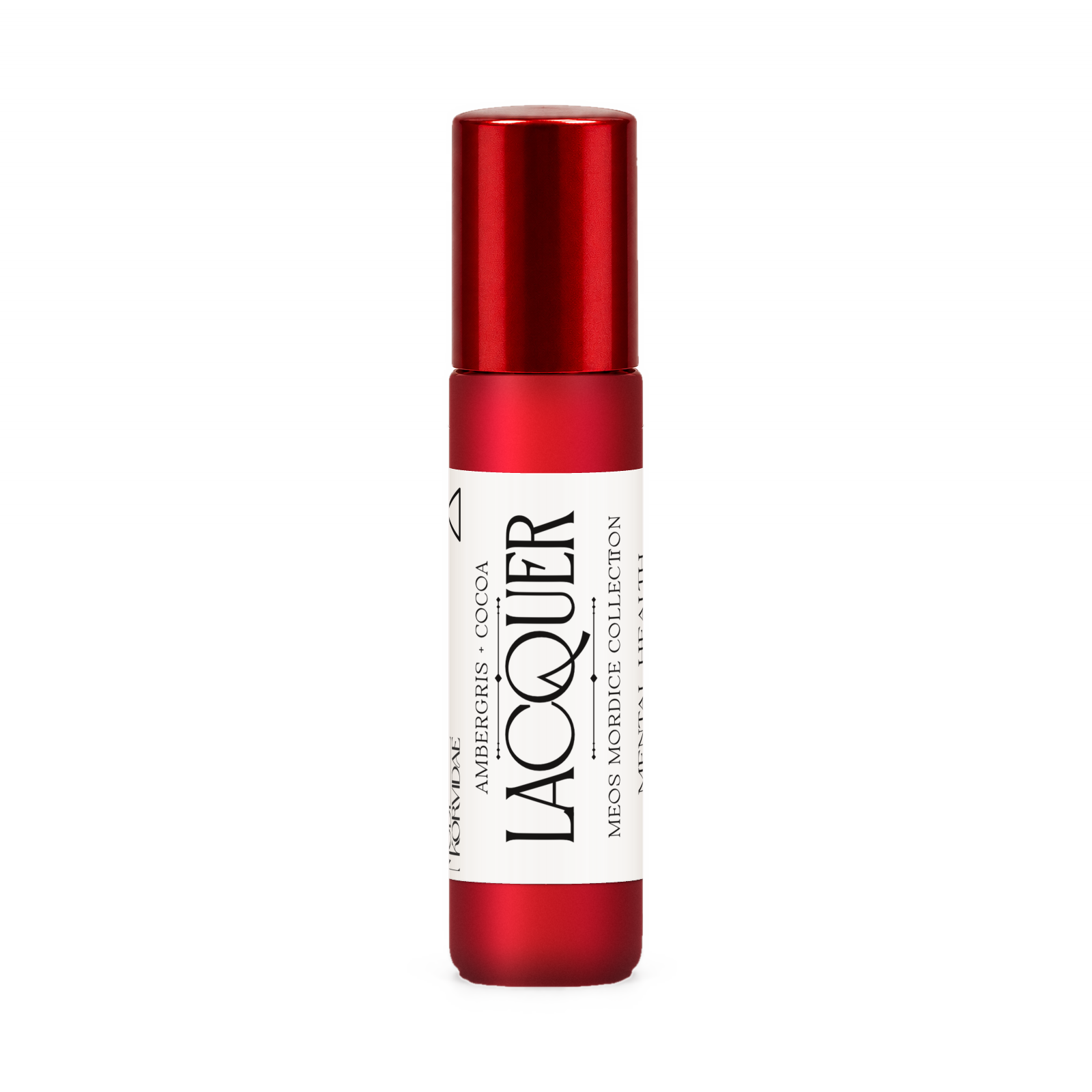 Lacquer perfume oil roller, ambergris and cocoa, in frosted red glass with a glossy red cap