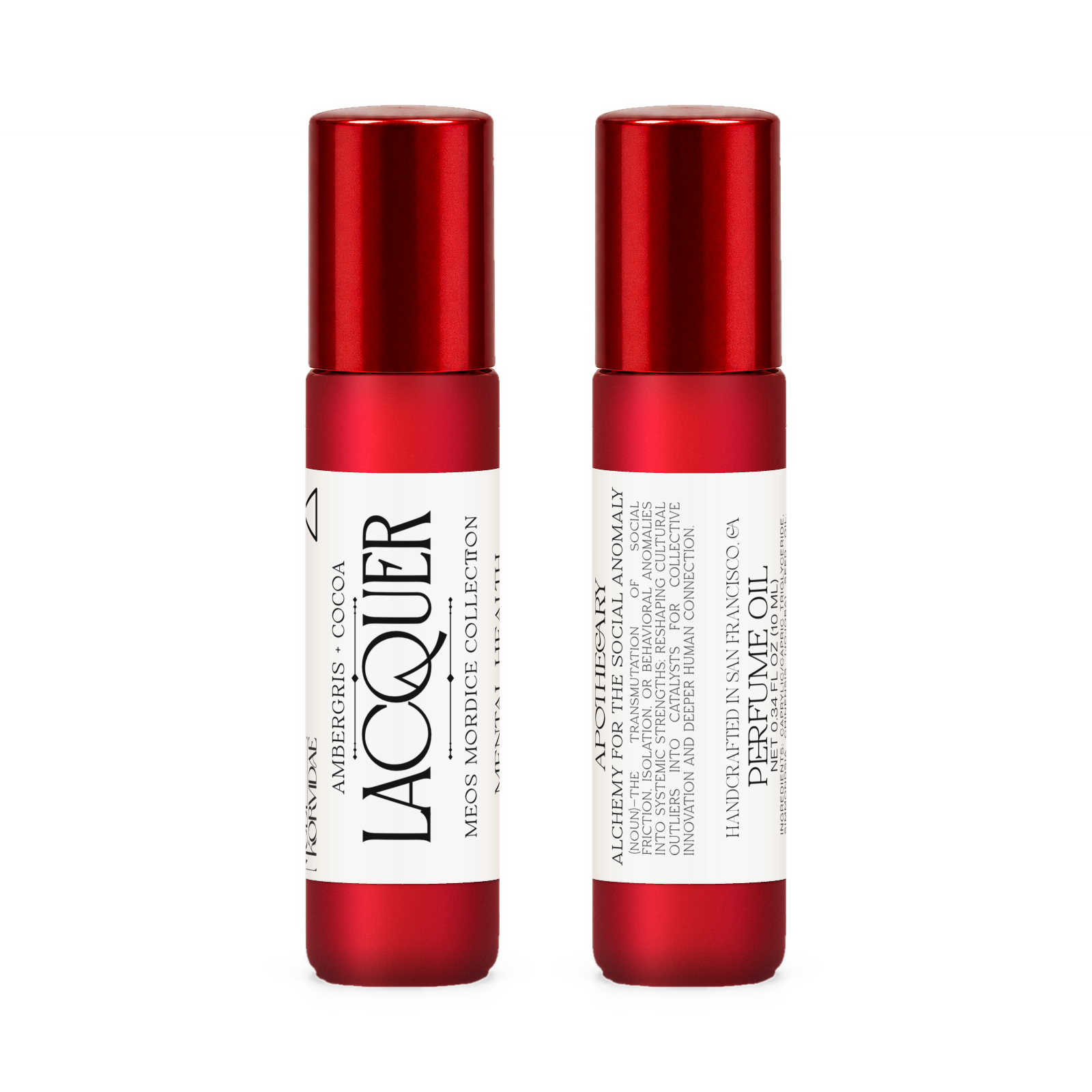 Front and back of Lacquer perfume oil roller in frosted red glass