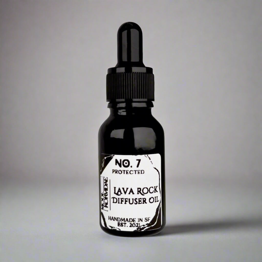 Black glass bottle for lava rock diffuser oil on a white background