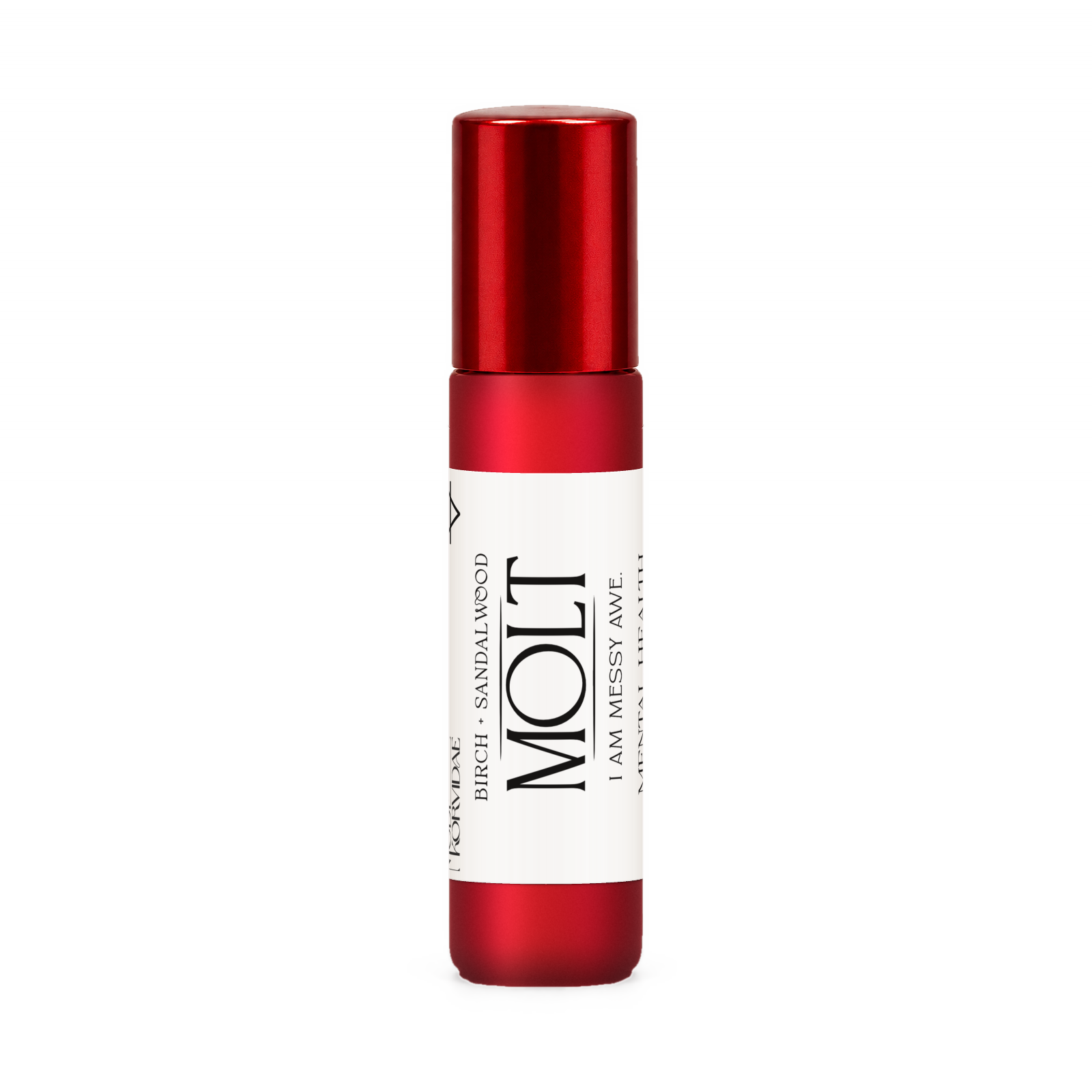Molt perfume oil roller, birch and sandalwood, in frosted red glass with a glossy red cap