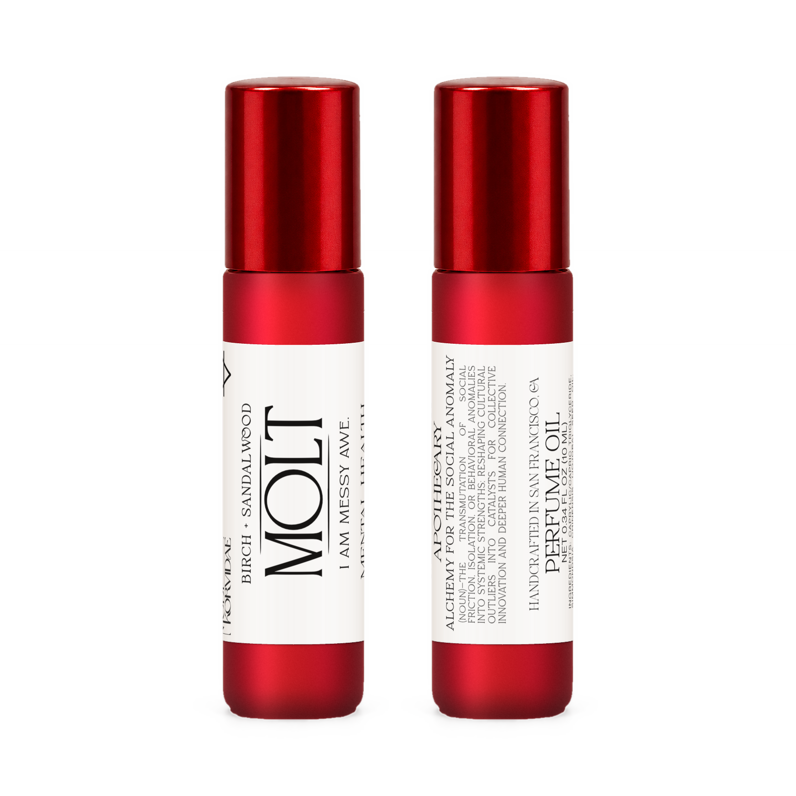 Front and back of Molt perfume oil roller in frosted red glass