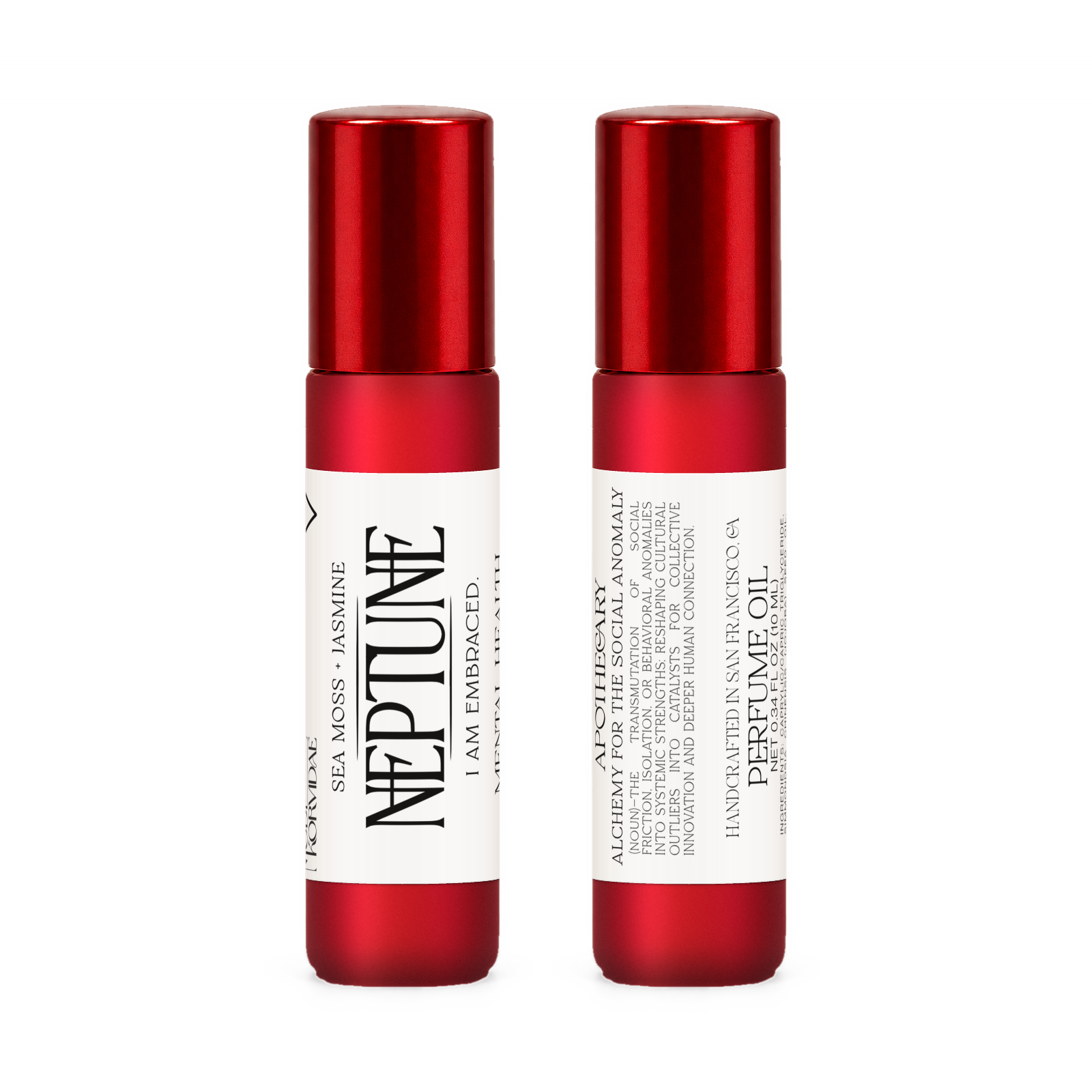 Front and back of Neptune perfume oil roller in frosted red glass