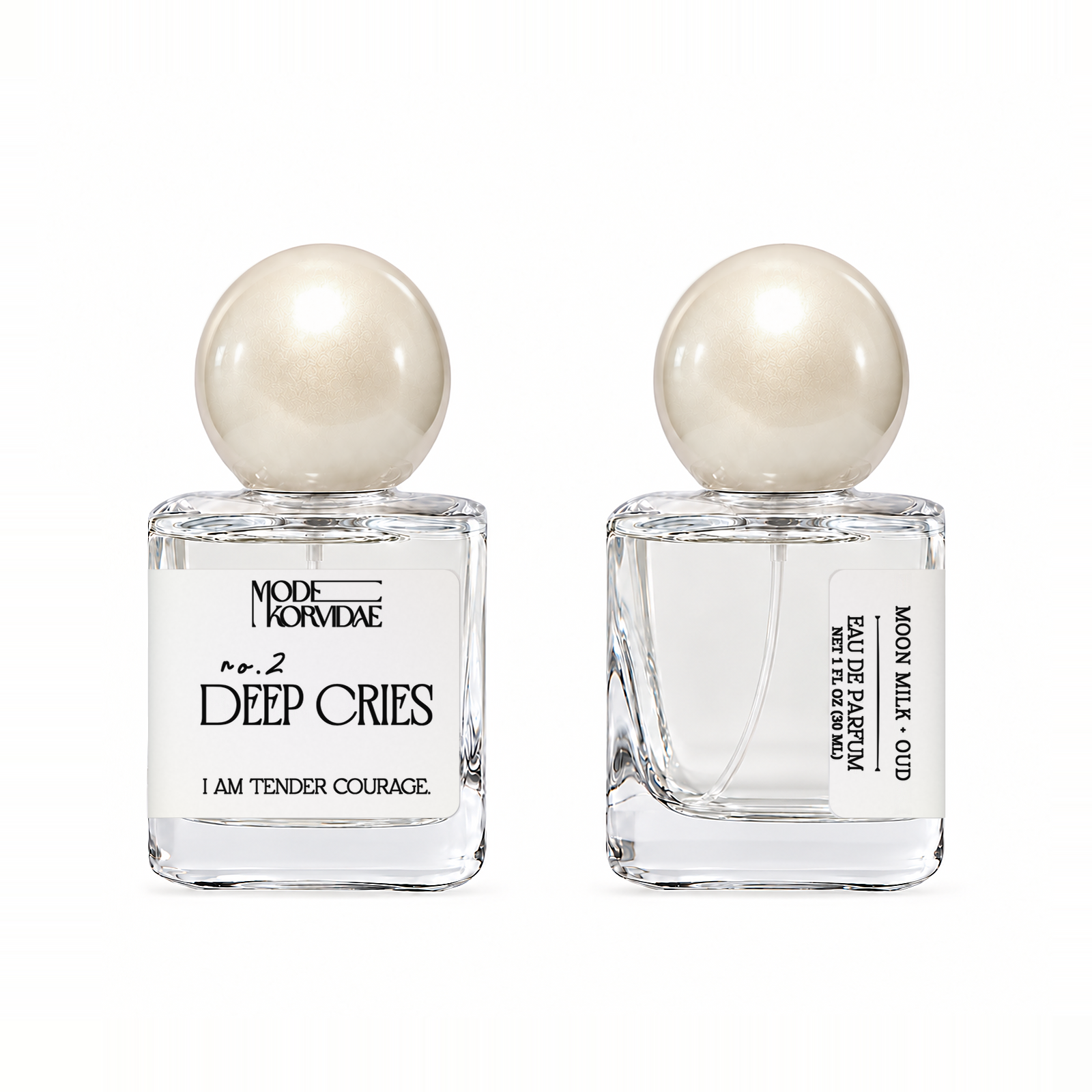 Mode Korvidae No. 2 Deep Cries — Eau de Parfum 30 ml bottle, front and side views on white.