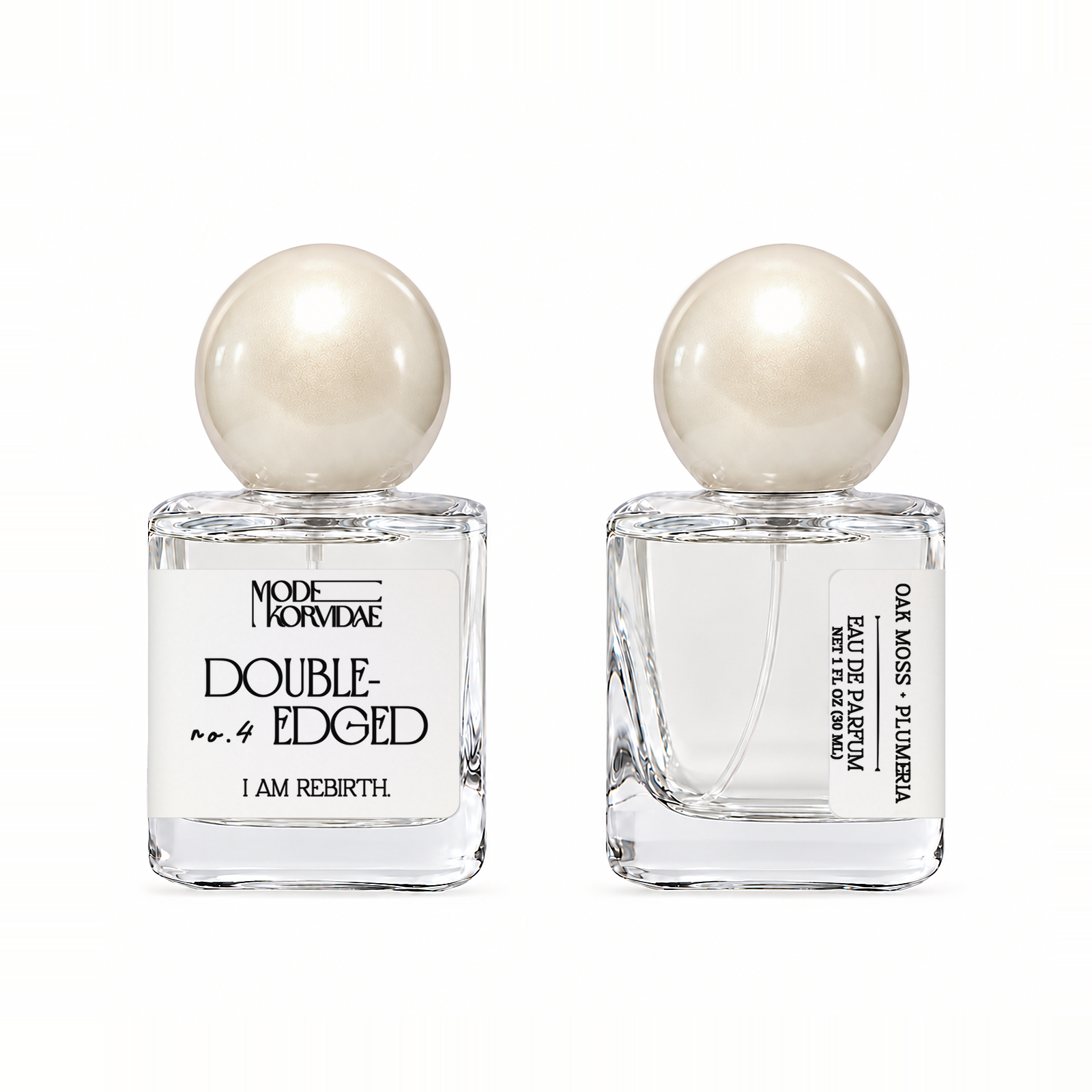 Mode Korvidae No. 4 Double-Edged — Eau de Parfum 30 ml bottle, front and side views on white.