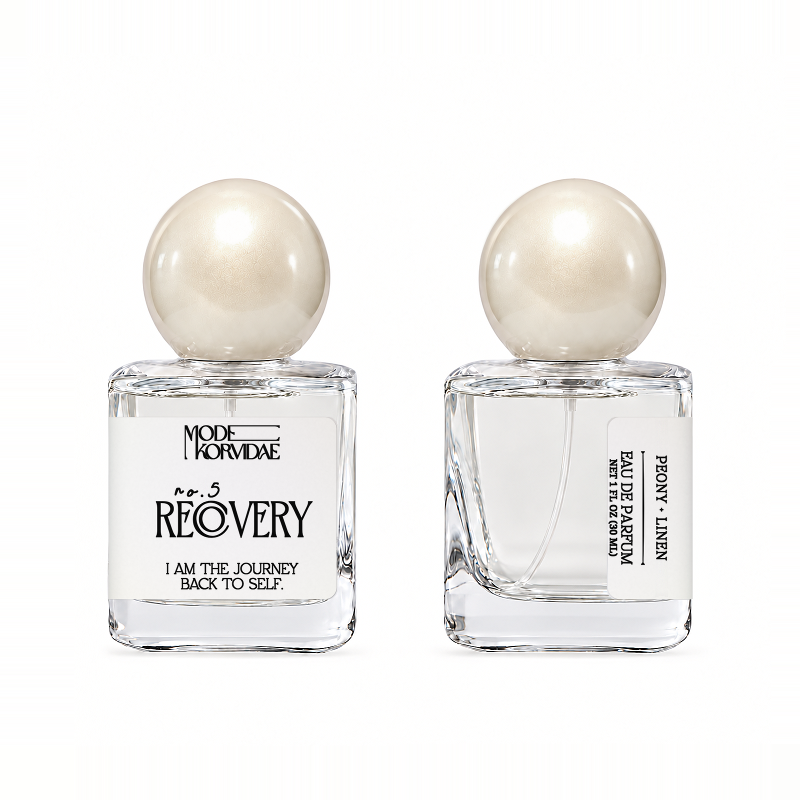Mode Korvidae No. 5 Recovery — Eau de Parfum 30 ml bottle, front and side views on white.