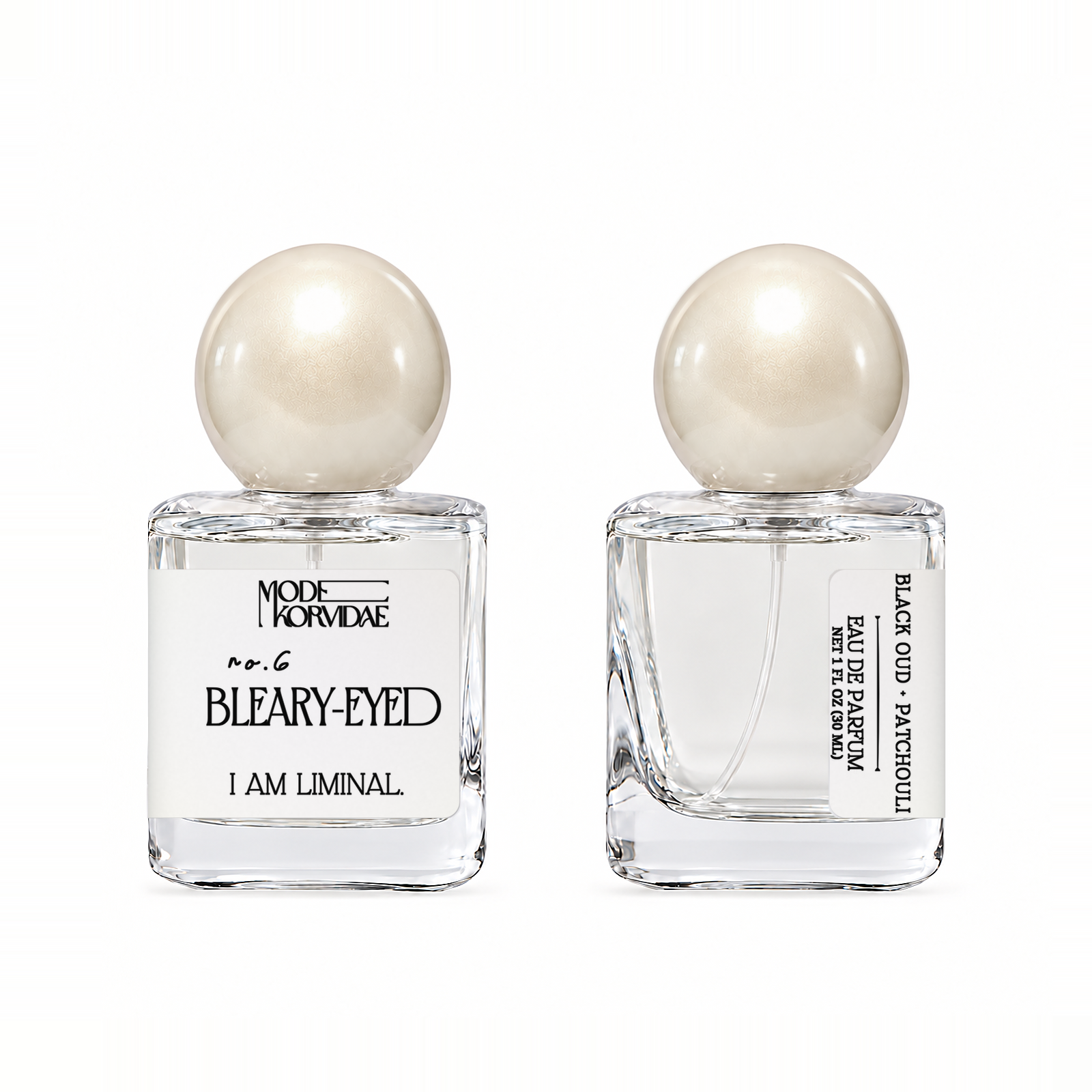 Mode Korvidae No. 6 Bleary-Eyed — Eau de Parfum 30 ml bottle, front and side views on white.