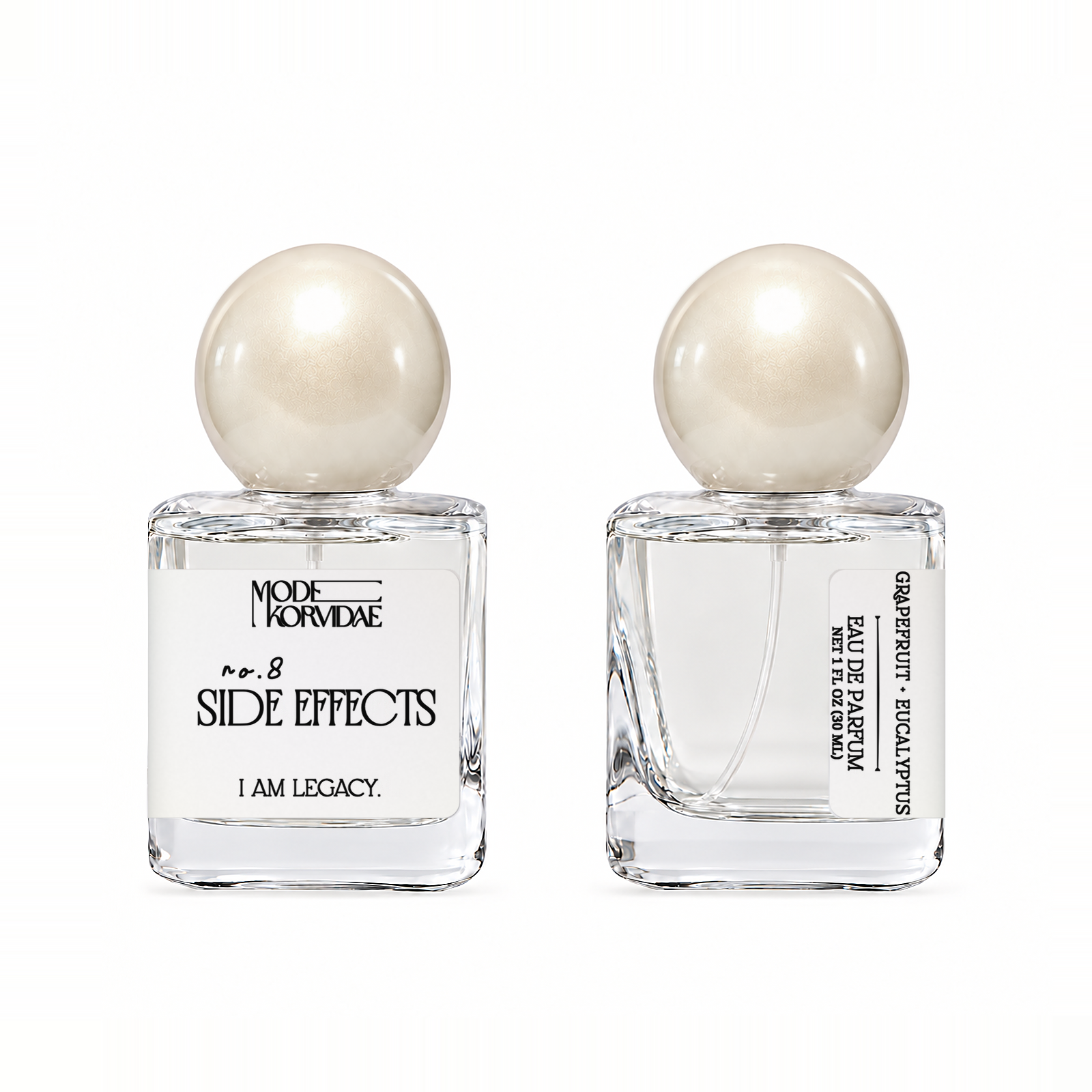 Mode Korvidae No. 8 Side Effects — Eau de Parfum 30 ml bottle, front and side views on white.