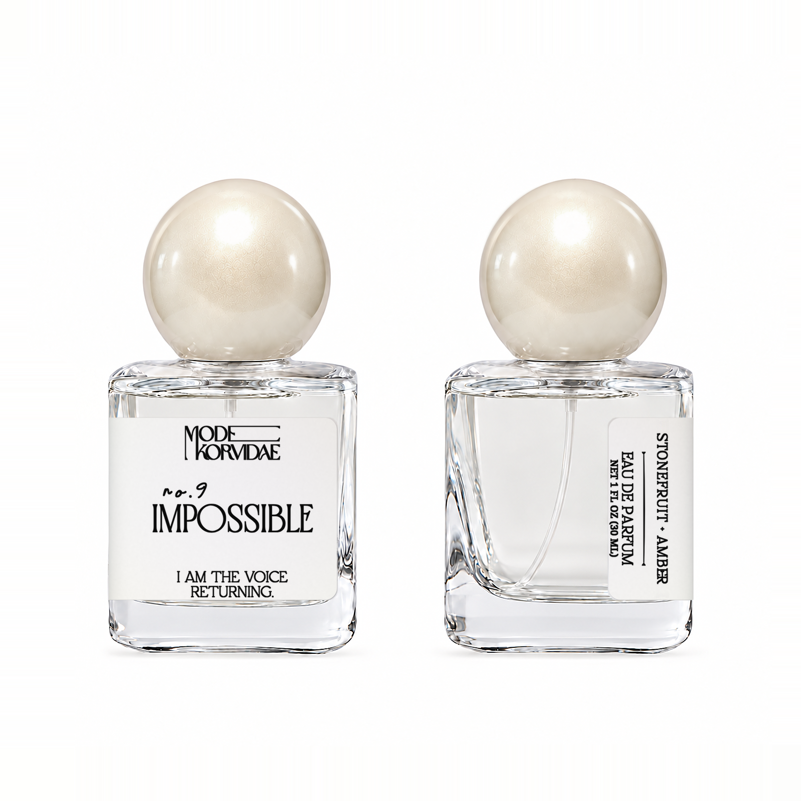 Mode Korvidae No. 9 Impossible — Eau de Parfum 30 ml bottle, front and side views on white.