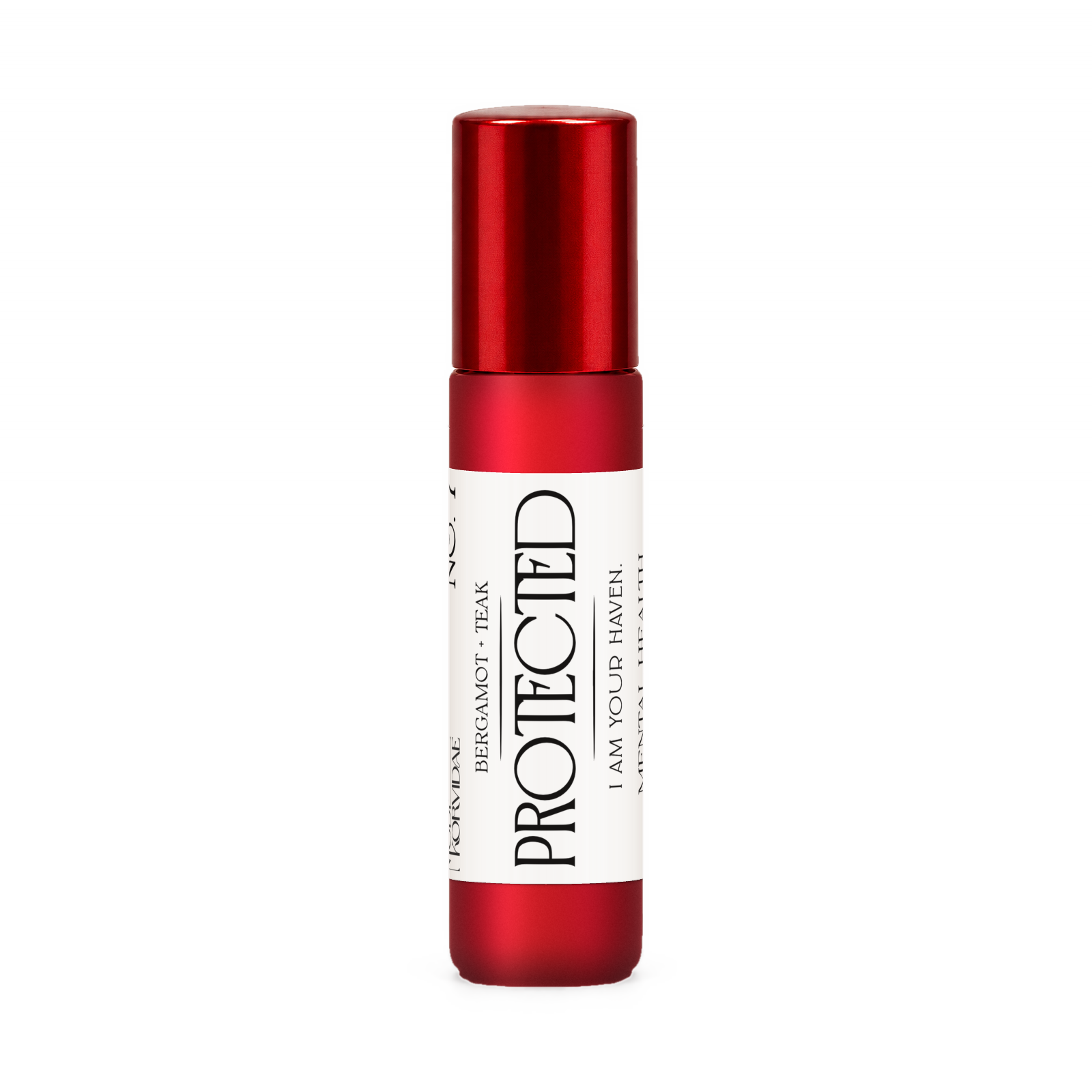Protected perfume oil roller, bergamot and teak, in frosted red glass with a glossy red cap