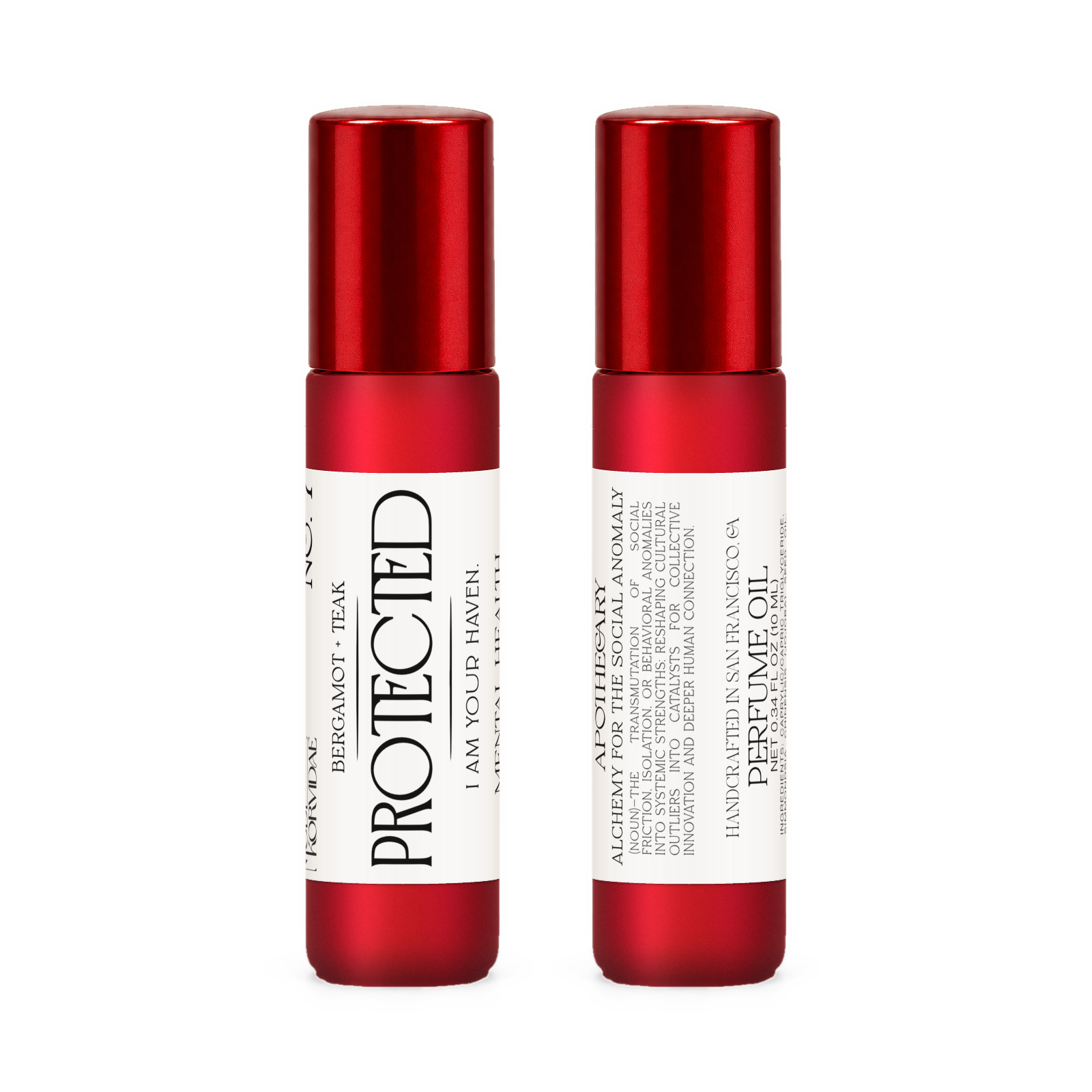 Front and back of Protected perfume oil roller in frosted red glass