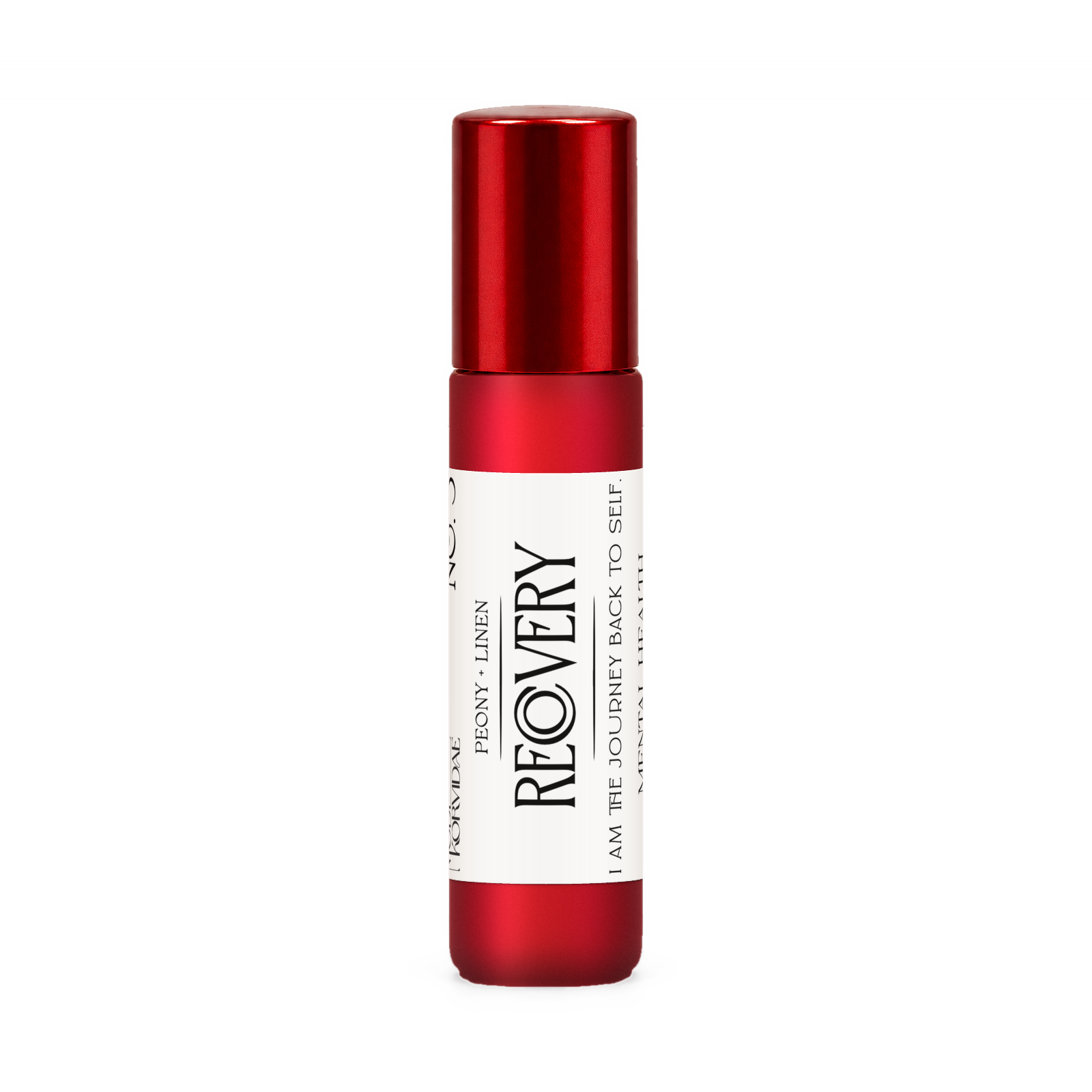 Recovery perfume oil roller, peony and linen, in frosted red glass with a glossy red cap
