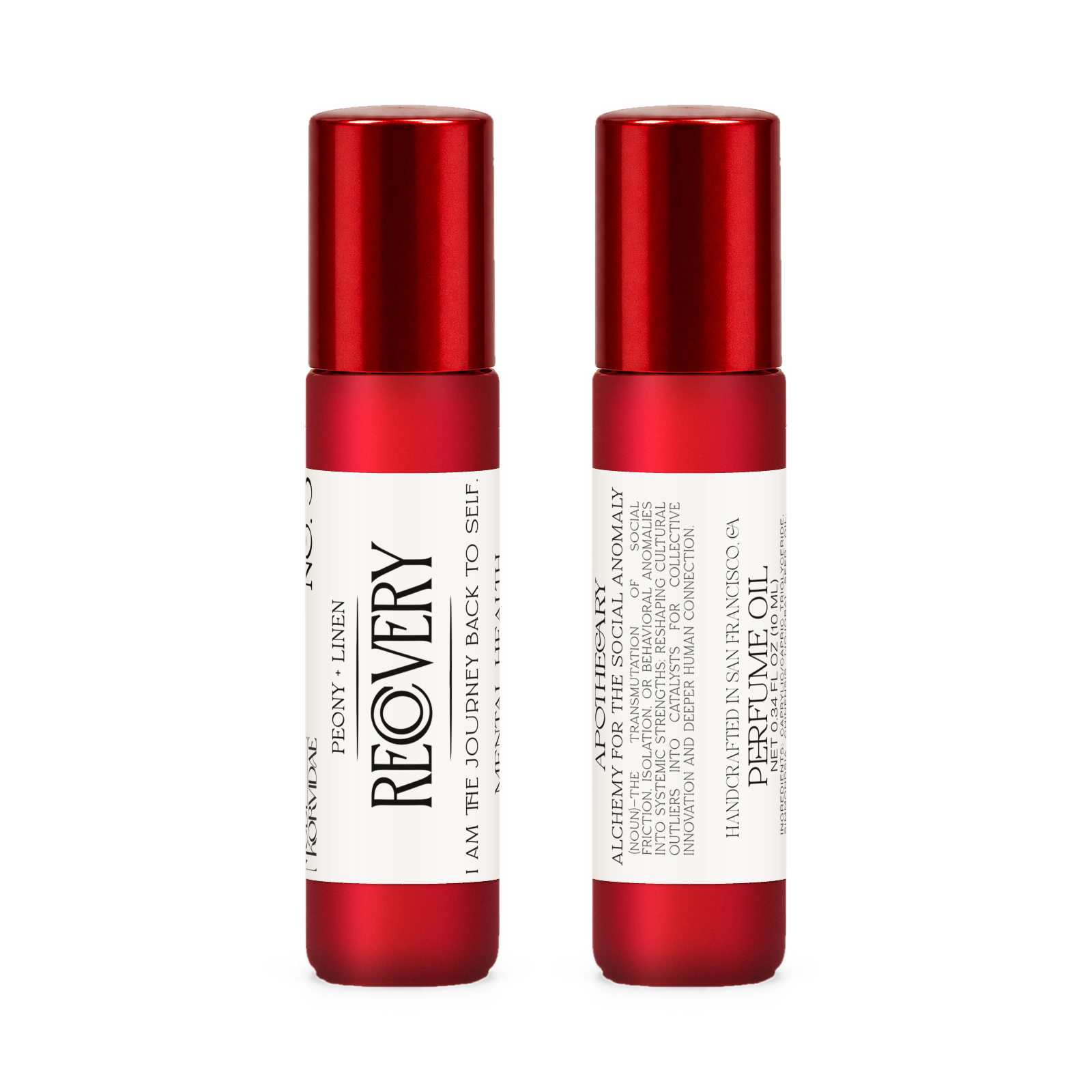 Front and back of Recovery perfume oil roller in frosted red glass