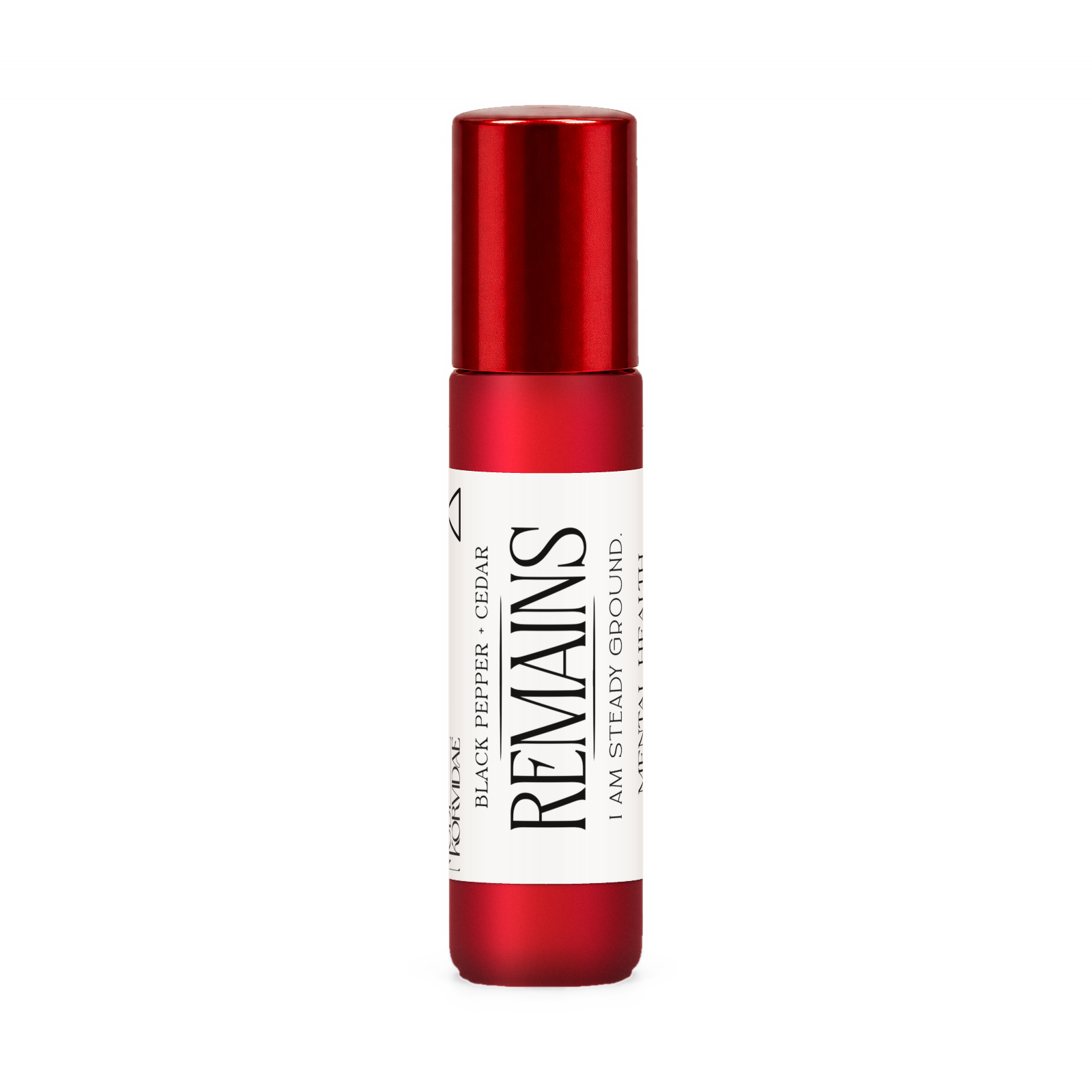 Remains perfume oil roller, black pepper and cedar, in frosted red glass with a glossy red cap