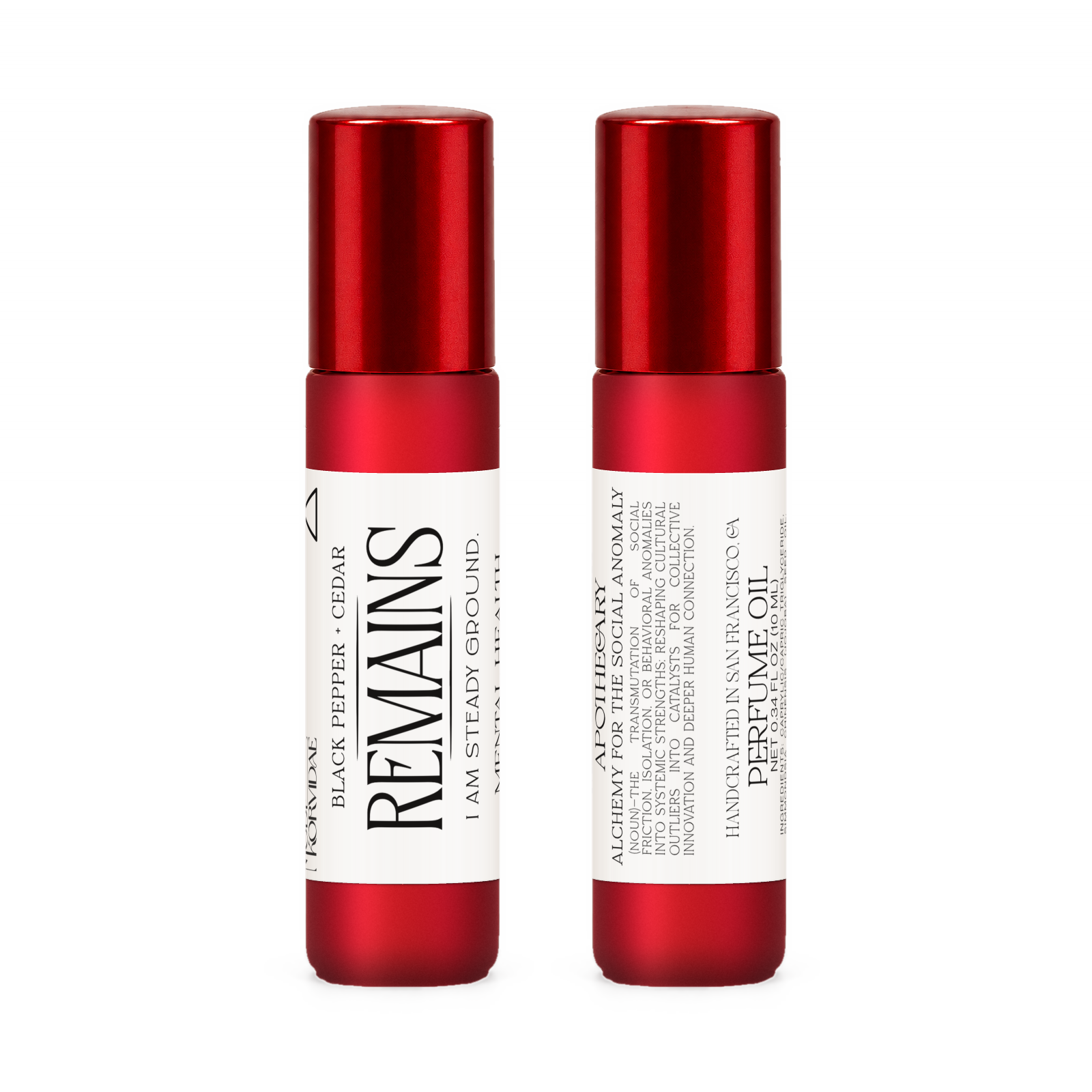 Front and back of Remains perfume oil roller in frosted red glass