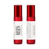 Front and back of Risen perfume oil roller in frosted red glass