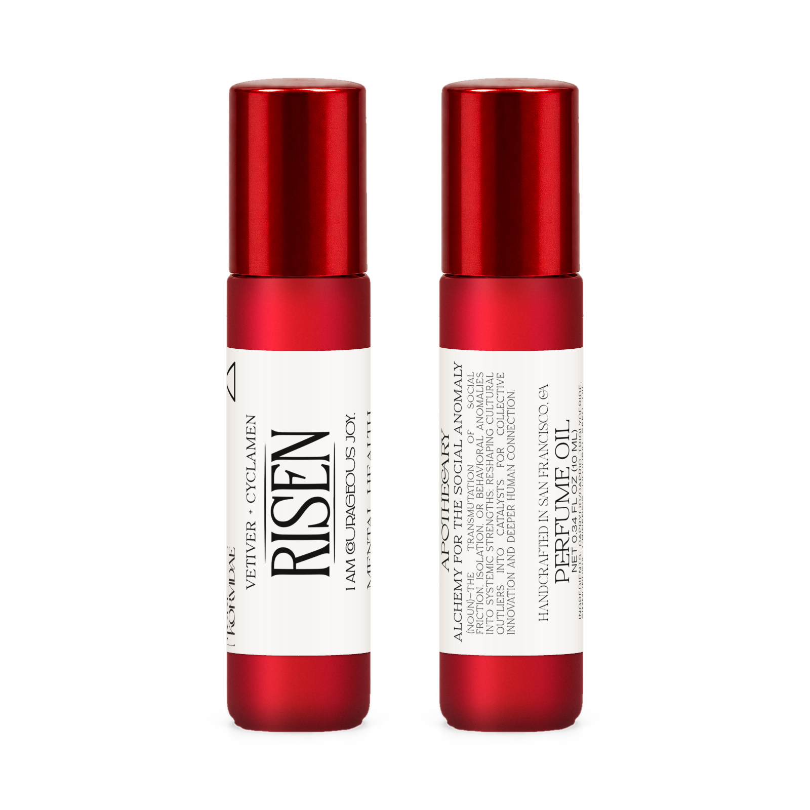 Front and back of Risen perfume oil roller in frosted red glass
