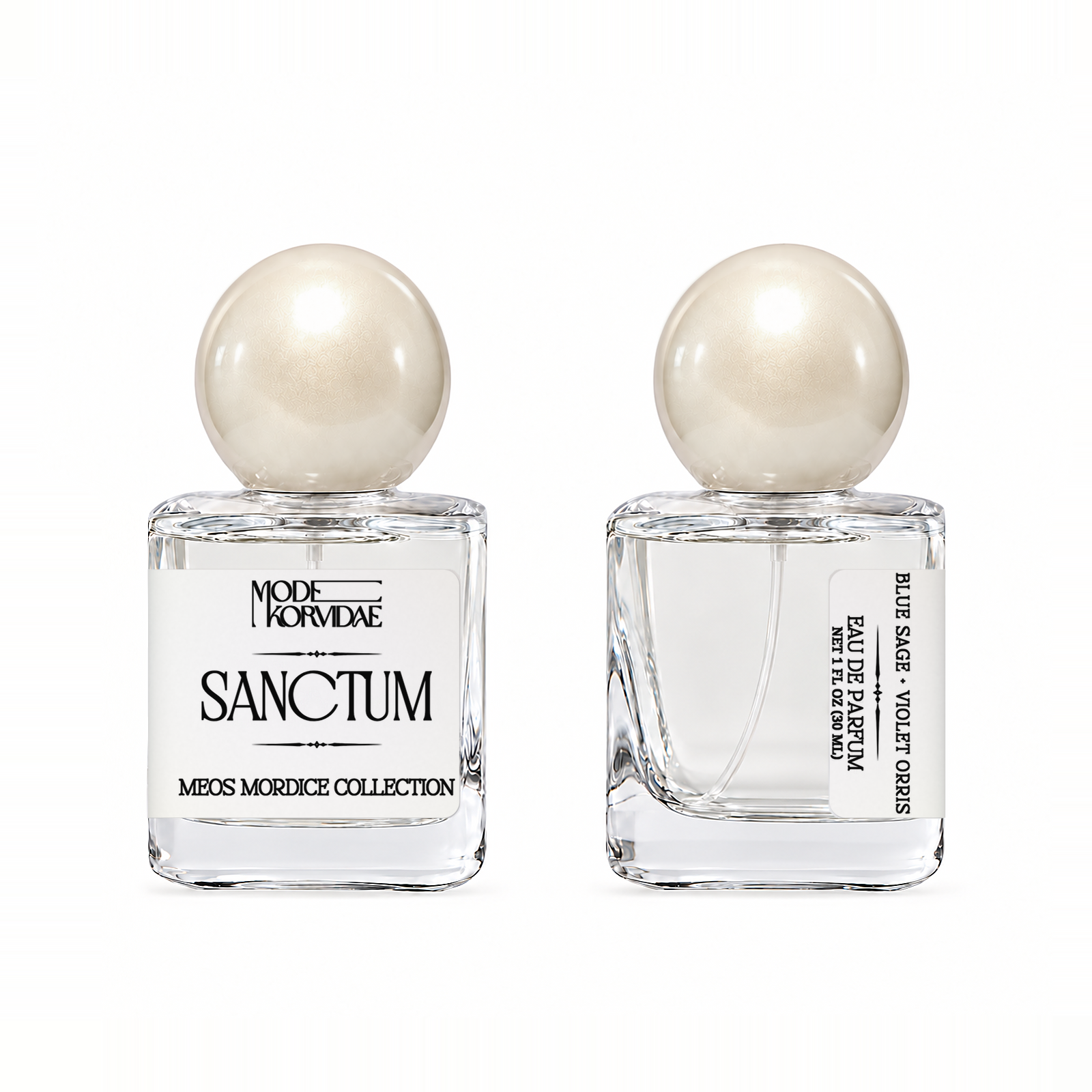 Mode Korvidae Sanctum Eau de Parfum 30 ml bottle, front and side views on white.