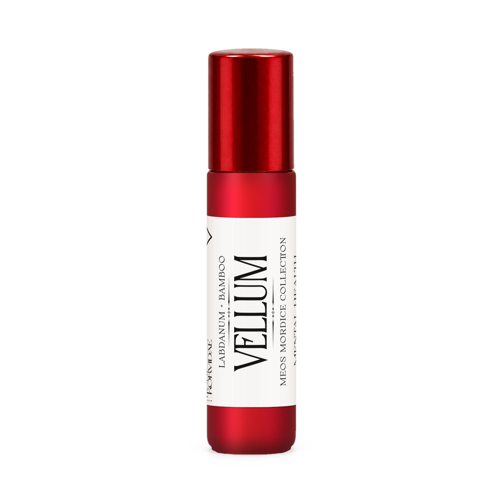 Vellum perfume oil roller, labdanum and bamboo, in frosted red glass with a glossy red cap