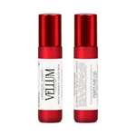 Front and back of Vellum perfume oil roller in frosted red glass