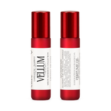 Front and back of Vellum perfume oil roller in frosted red glass