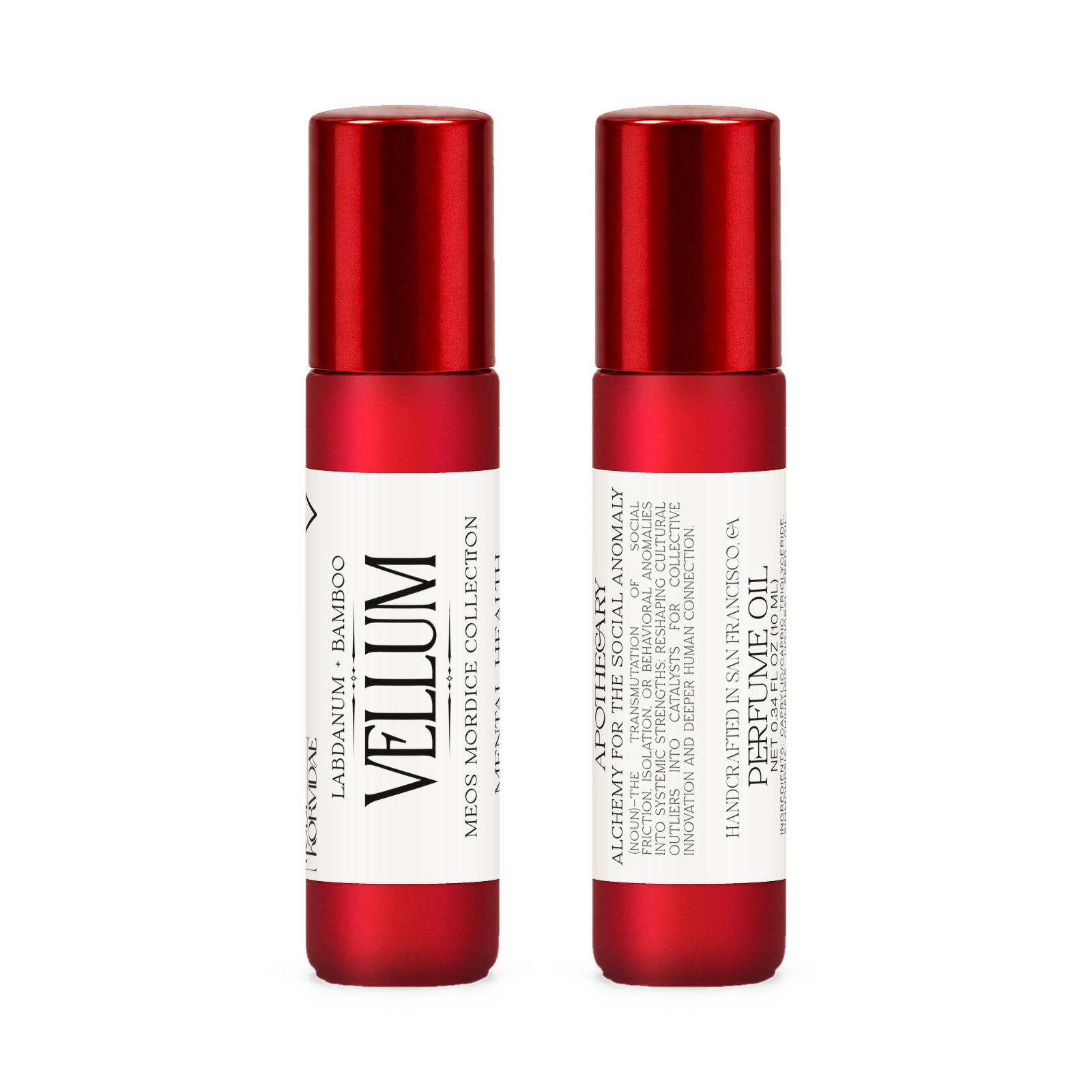 Front and back of Vellum perfume oil roller in frosted red glass
