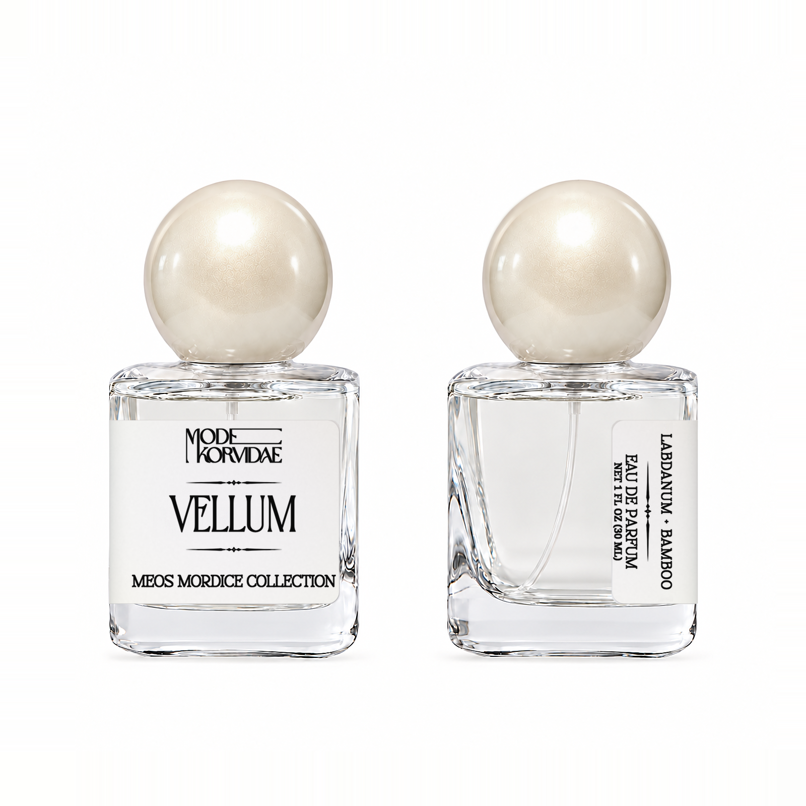 Mode Korvidae Vellum — Eau de Parfum 30 ml bottle, front and side views on white.