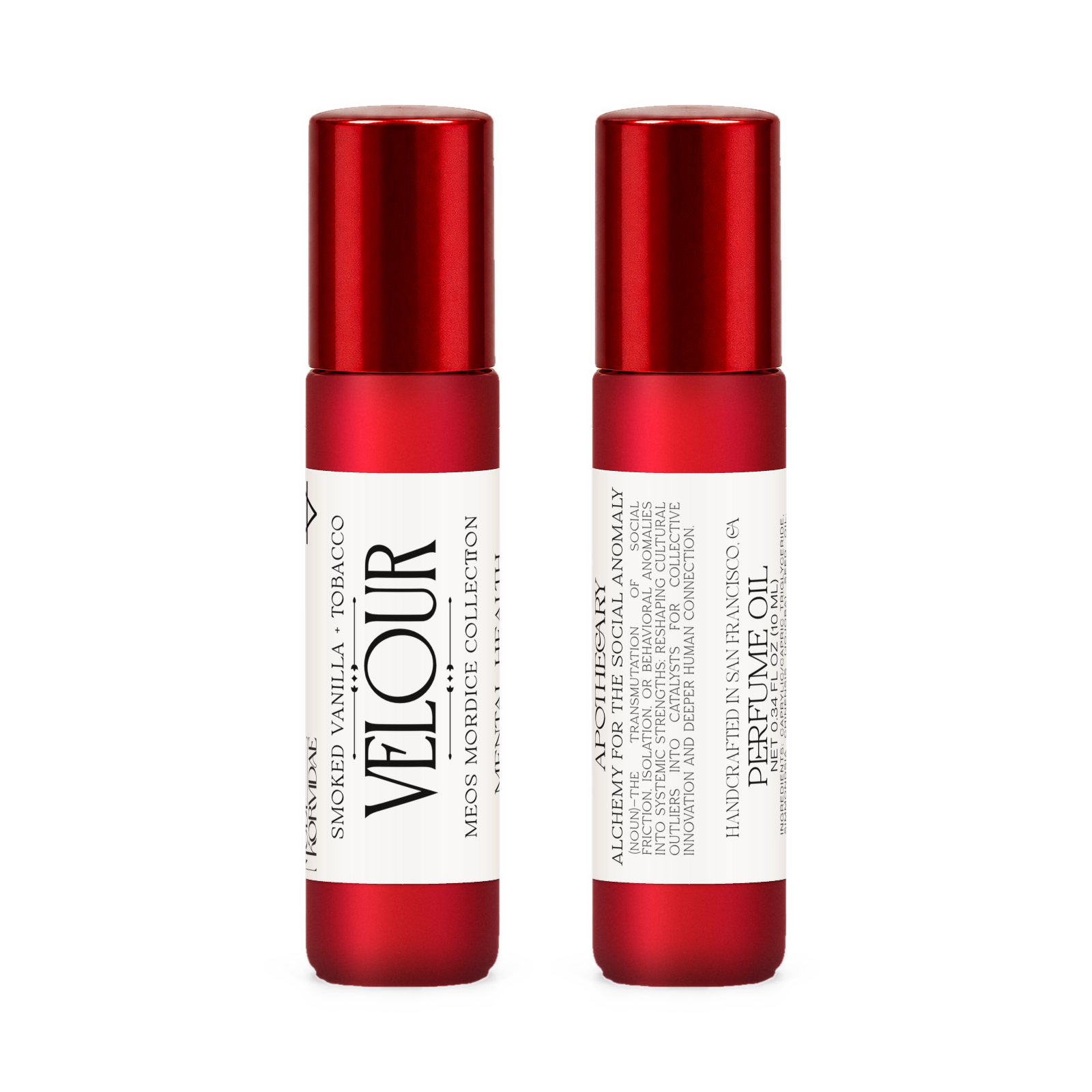 Front and back of Velour perfume oil roller in frosted red glass