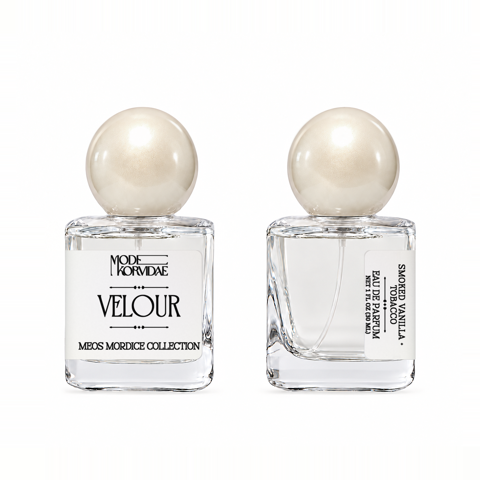 Mode Korvidae Velour — Eau de Parfum 30 ml bottle, front and side views on white.